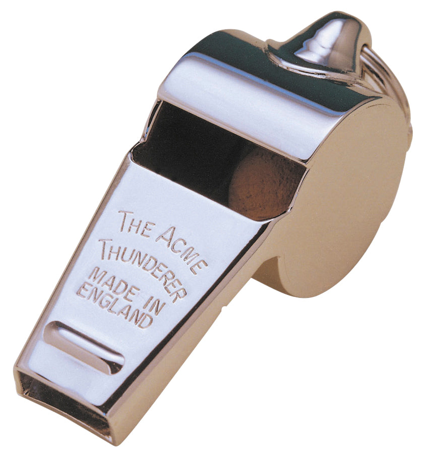 The Precision Training Acme Thunderer Metal Whistle is a shiny silver sports whistle engraved with "The Acme Thunderer Made in England." It features a round top, rectangular mouthpiece, and is angled slightly to the right.