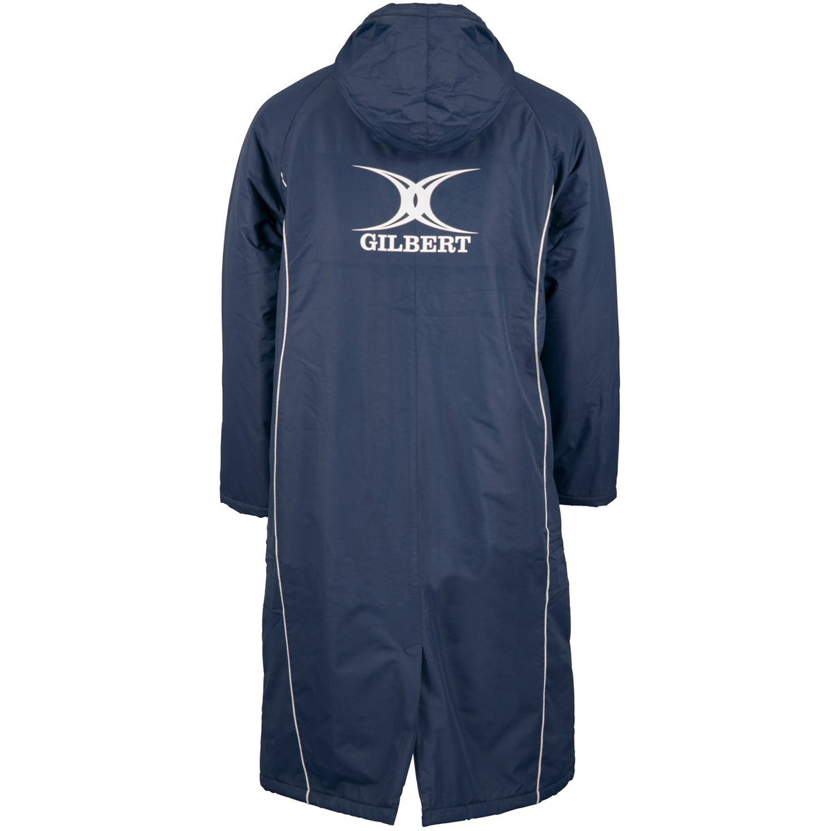 The Gilbert Touchline Sub Jacket by Gilbert is a long navy coat with a hood, white piping along the sides, synthetic insulation for warmth, and features "GILBERT" with a white logo on the upper back. Shown from the rear.