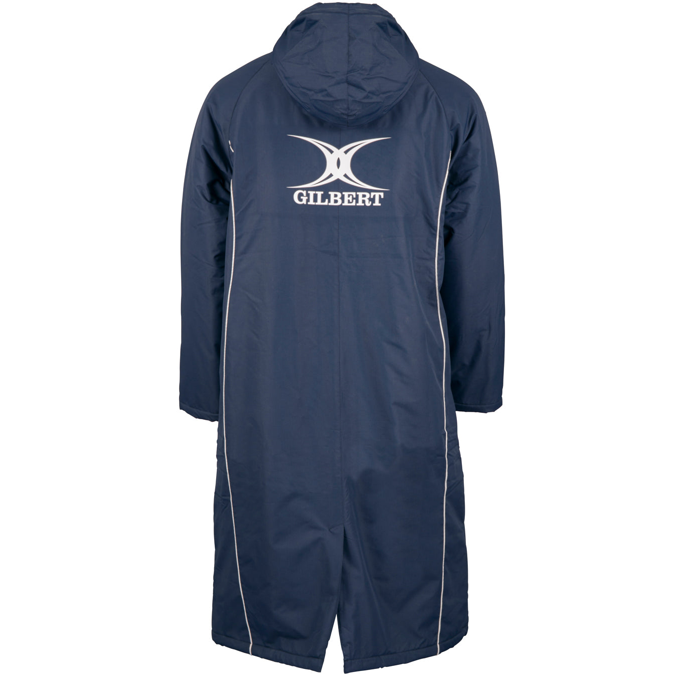 The Gilbert Touchline Sub Jacket by Gilbert is a long navy coat with a hood, white piping along the sides, synthetic insulation for warmth, and features "GILBERT" with a white logo on the upper back. Shown from the rear.