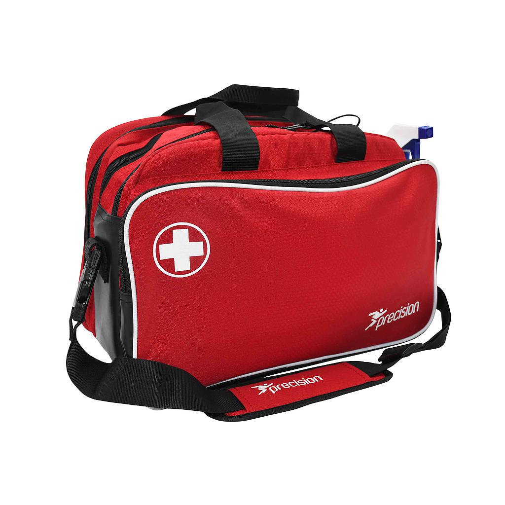 The Precision Training Pro HX Run On Touchline Medi Bag is a red, durable sports bag with black handles and strap, white cross symbol, and "precision" on the front—ideal as a reliable medical kit for sports emergencies.
