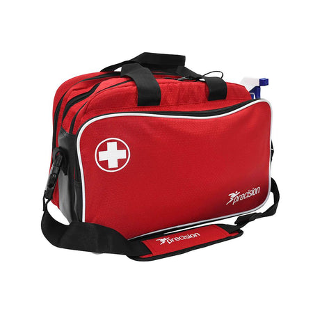 The Precision Training Pro HX Run On Touchline Medi Bag is a red, durable sports bag with black handles and strap, white cross symbol, and "precision" on the front—ideal as a reliable medical kit for sports emergencies.