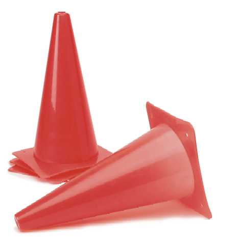 Two Precision Training 9 inch Training Cones are displayed on a white background—one upright, the other on its side.