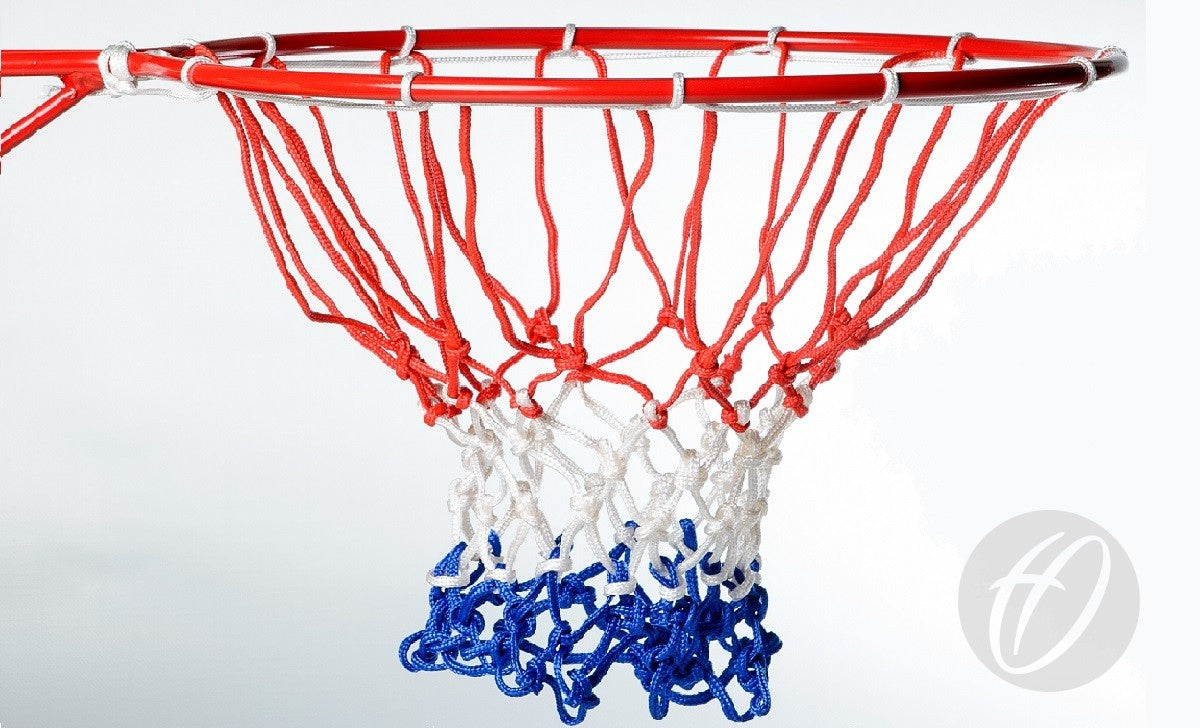 The Harrod Sport Tricolour Basketball Nets feature a durable 4mm braided twine in red, white, and blue, paired with a red rim. A faint circular logo appears in the lower right corner against a light background.
