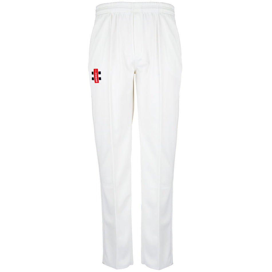 The Gray Nicolls Kempton CC Matrix V2 Trousers feature moisture control, an elastic waistband, and a small red and black logo on the upper right thigh, shown against a plain white background.