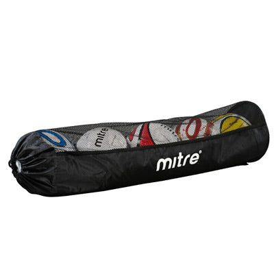 The Mitre Tubular Ball Sack by Mitre, shown on its side with multiple footballs visible through the mesh, is a must-have training essential.