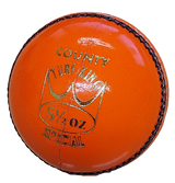 The Hunts County Turf King Senior Match Cricket Ball is an orange leather ball featuring black stitching, gold "County Turf King 5 1/2 OZ Special" text, a crown graphic, and is made by Hunts County.