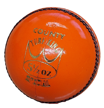 The Hunts County Turf King Senior Match Cricket Ball is an orange leather ball featuring black stitching, gold "County Turf King 5 1/2 OZ Special" text, a crown graphic, and is made by Hunts County.