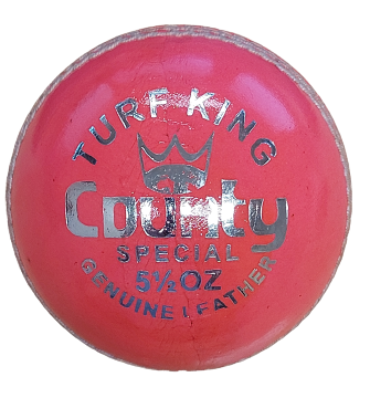 A red Hunts County Turf King Senior Match Cricket Ball, 5 1/2 oz genuine leather, labeled with a crown graphic at the center.