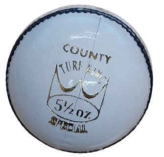 A white Hunts County Turf King Senior Match Cricket Ball from Hunts County, featuring COUNTY TURF KING SPECIAL 5 1/2 OZ in gold text and a blue seam.