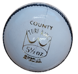 A white Hunts County Turf King Senior Match Cricket Ball from Hunts County, featuring COUNTY TURF KING SPECIAL 5 1/2 OZ in gold text and a blue seam.