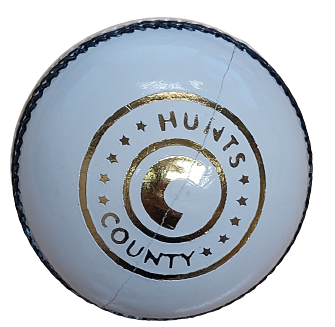 The Hunts County Turf King Senior Match Cricket Ball is white with black stitching and features a gold circular HUNTS COUNTY logo with stars and a large C at the center.