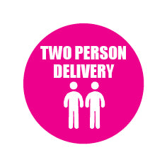 A bright pink circle with “TWO PERSON DELIVERY” in white text above two stick figures indicates the Butterfly Active 19 Deluxe Rollaway Table Tennis Table by Butterfly requires two people for delivery.