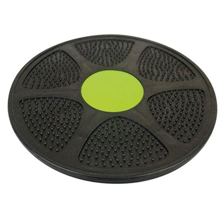 The Urban Fitness Wobble Board 14" by Urban Fitness is a round black board with textured grips and a green center, designed to boost balance and core strength during workouts.
