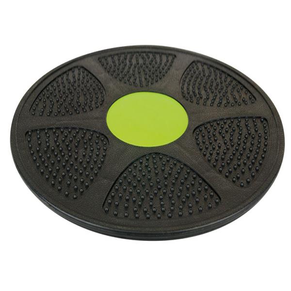 The Urban Fitness Wobble Board 14" by Urban Fitness is a round black board with textured grips and a green center, designed to boost balance and core strength during workouts.