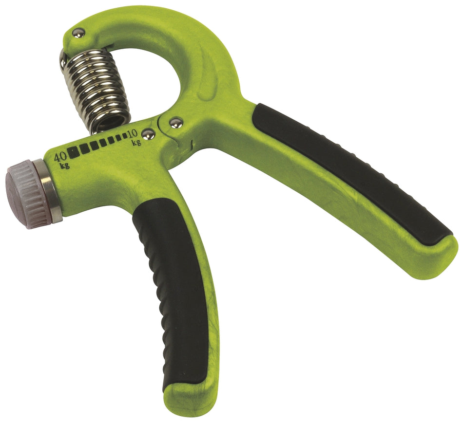 The Urban Fitness Adjustable Spring Grip 10-40kg by Urban Fitness is a green and black hand strengthener with a metal spring and resistance dial, ideal for hand and forearm workouts or physical therapy.