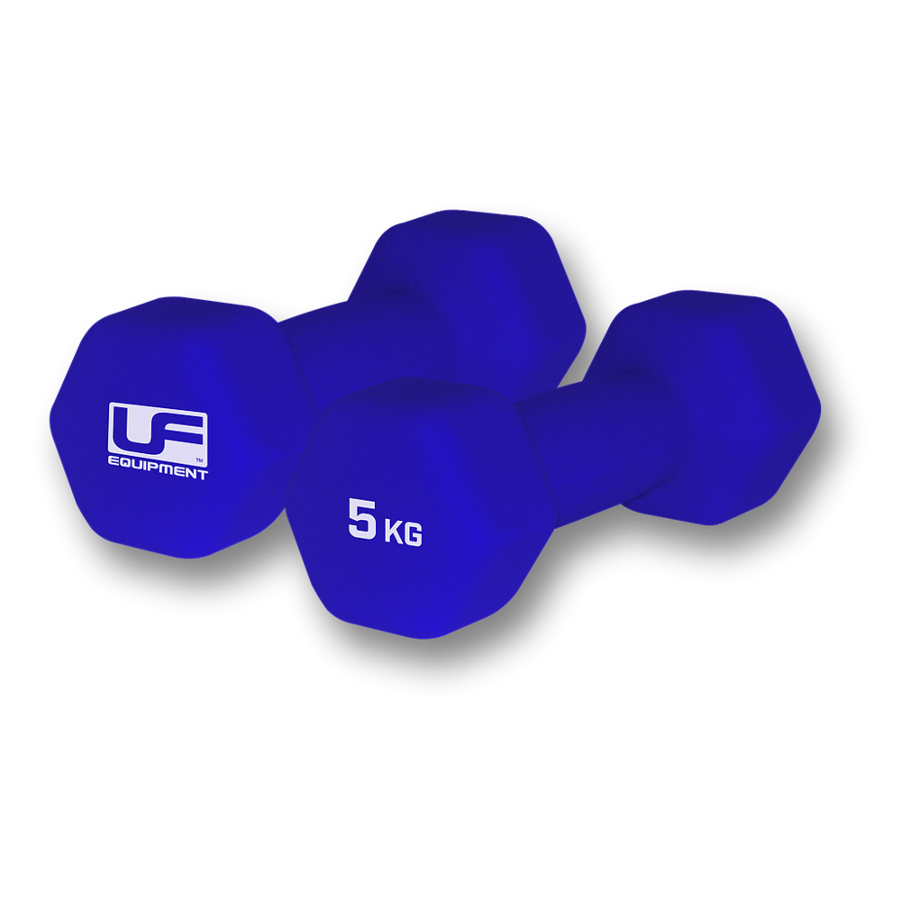 A pair of Urban Fitness Hex Dumbbells - Neoprene Covered, each 5 KG, in blue with brand logo and weight printed on the ends, placed side by side on a white background—ideal for home workouts.