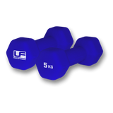 A pair of Urban Fitness Hex Dumbbells - Neoprene Covered, each 5 KG, in blue with brand logo and weight printed on the ends, placed side by side on a white background—ideal for home workouts.