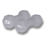 A pair of Urban Fitness Hex Dumbbells - Neoprene Covered (10 KG each) from Urban Fitness are placed side by side on a white background. These gray, neoprene-covered dumbbells are perfect for effective home workouts.