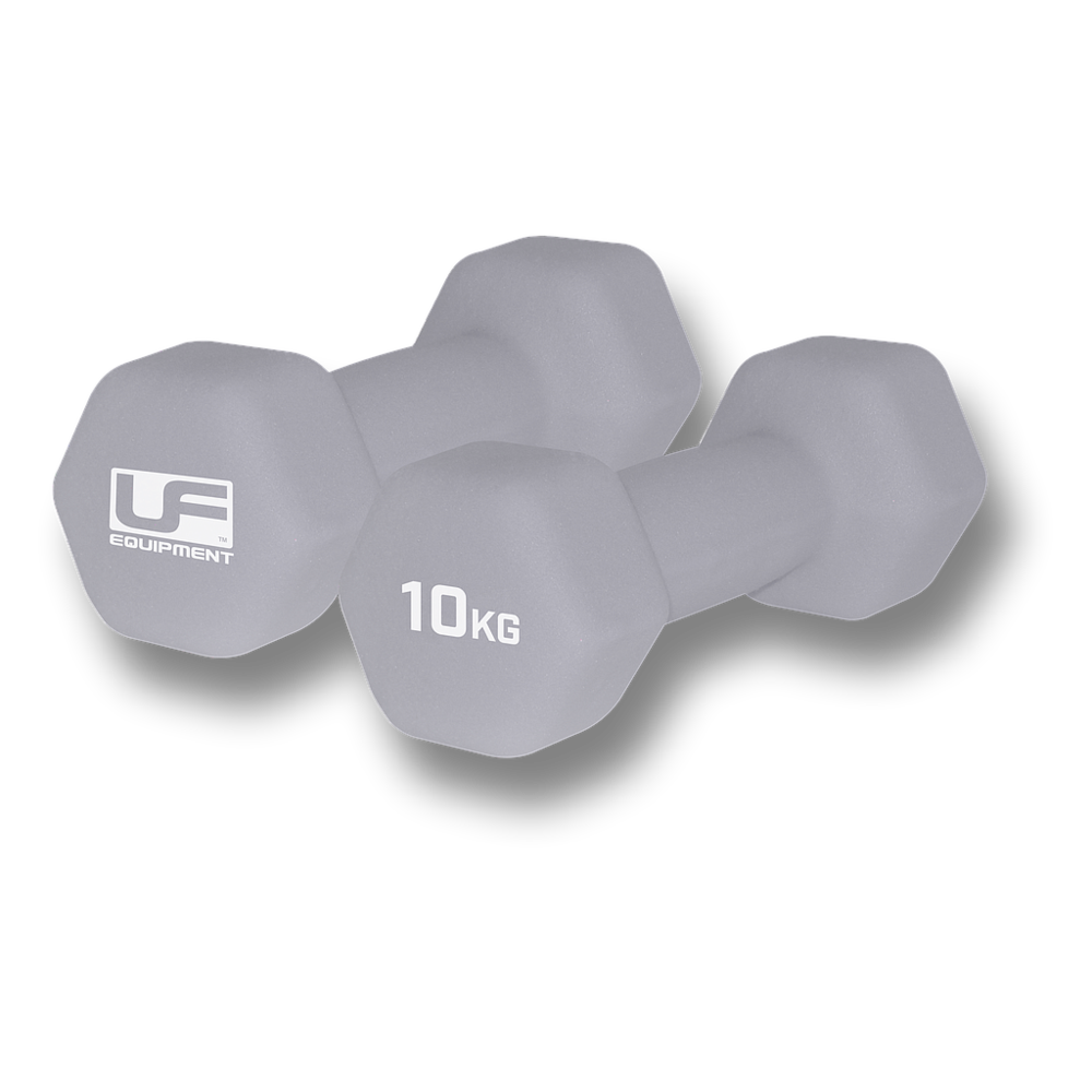 A pair of Urban Fitness Hex Dumbbells - Neoprene Covered (10 KG each) from Urban Fitness are placed side by side on a white background. These gray, neoprene-covered dumbbells are perfect for effective home workouts.