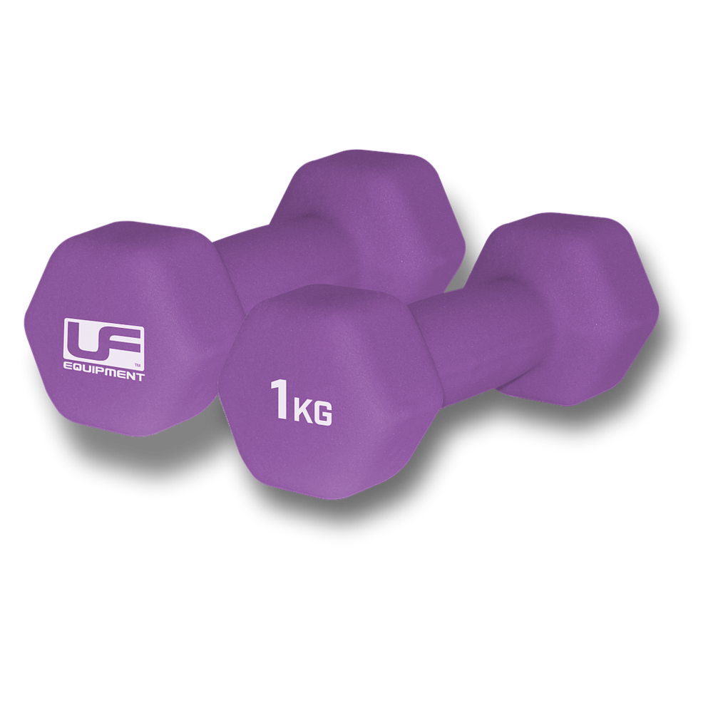 Two purple Urban Fitness Hex Dumbbells - Neoprene Covered (Pair), each 1 kg, are placed side by side on a white background. One shows the Urban Fitness logo, the other displays the weight—ideal for home workouts.