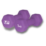 Two purple Urban Fitness Hex Dumbbells - Neoprene Covered (Pair), each 1 kg, are placed side by side on a white background. One shows the Urban Fitness logo, the other displays the weight—ideal for home workouts.