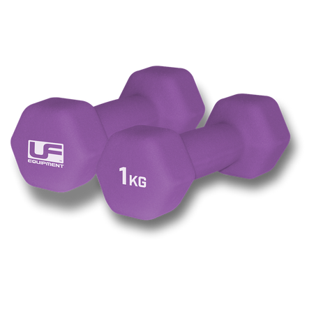 Two purple Urban Fitness Hex Dumbbells - Neoprene Covered (Pair), each 1 kg, are placed side by side on a white background. One shows the Urban Fitness logo, the other displays the weight—ideal for home workouts.