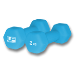 Two blue Urban Fitness Hex Dumbbells - Neoprene Covered (Pair), each labeled "2 KG" and "Urban Fitness," rest on a light background—ideal for home workouts.
