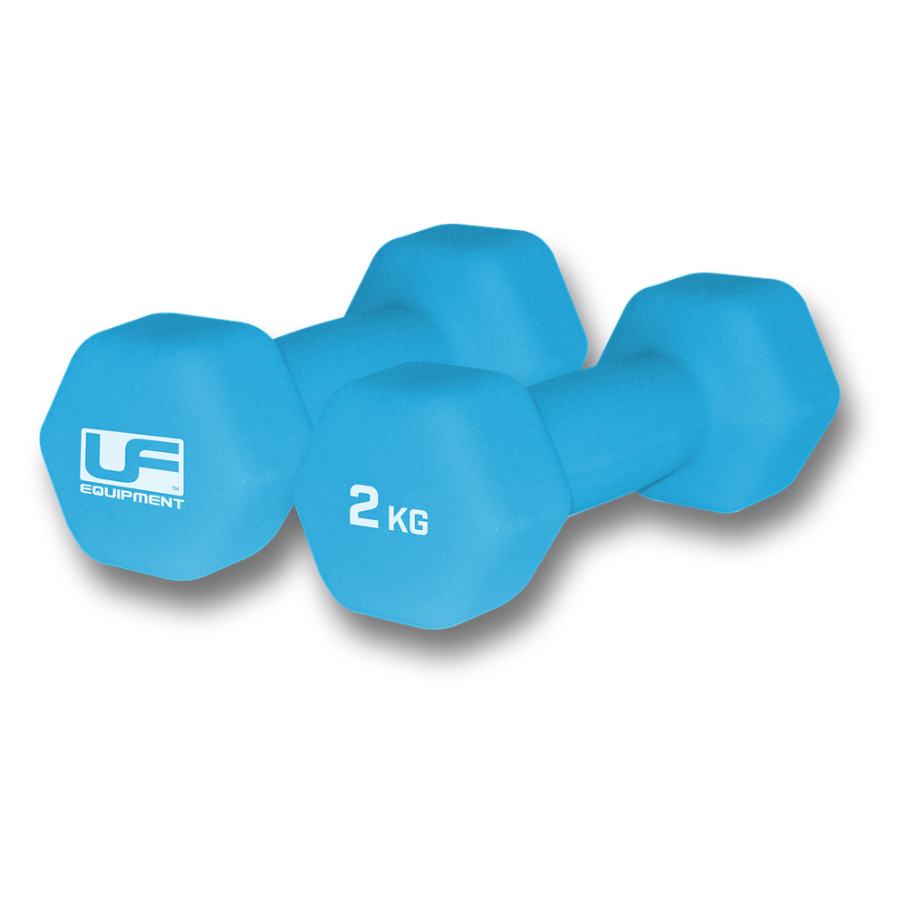 Two blue Urban Fitness Hex Dumbbells - Neoprene Covered (Pair), each labeled "2 KG" and "Urban Fitness," rest on a light background—ideal for home workouts.