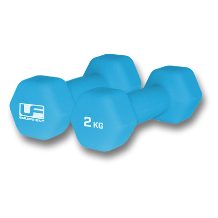 Two blue Urban Fitness Hex Dumbbells - Neoprene Covered (Pair), each labeled "2 KG" and "Urban Fitness," rest on a light background—ideal for home workouts.