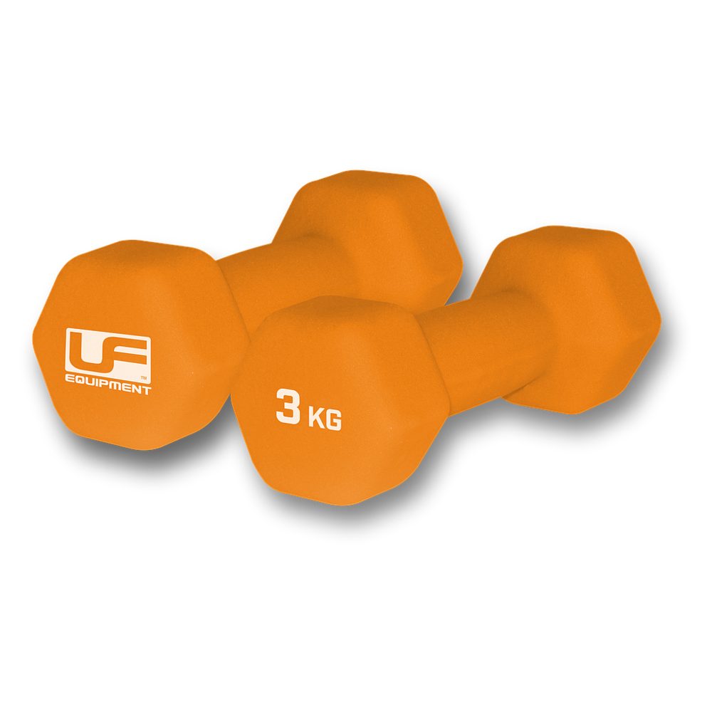 Two Urban Fitness Hex Dumbbells - Neoprene Covered (Pair) are placed together on a white background, with one showing the Urban Fitness logo and the other displaying 3 KG—ideal for home workouts.