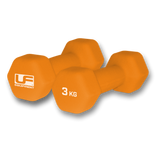 Two Urban Fitness Hex Dumbbells - Neoprene Covered (Pair) are placed together on a white background, with one showing the Urban Fitness logo and the other displaying 3 KG—ideal for home workouts.