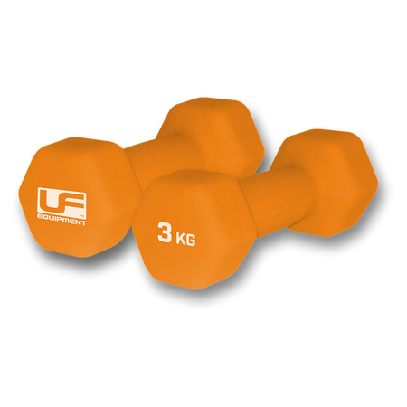 Two Urban Fitness Hex Dumbbells - Neoprene Covered (Pair) are placed together on a white background, with one showing the Urban Fitness logo and the other displaying 3 KG—ideal for home workouts.