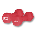 A pair of Urban Fitness Hex Dumbbells - Neoprene Covered, 4 KG each, with the Urban Fitness brand marking, in red color and ideal for home workouts, displayed on a white background.