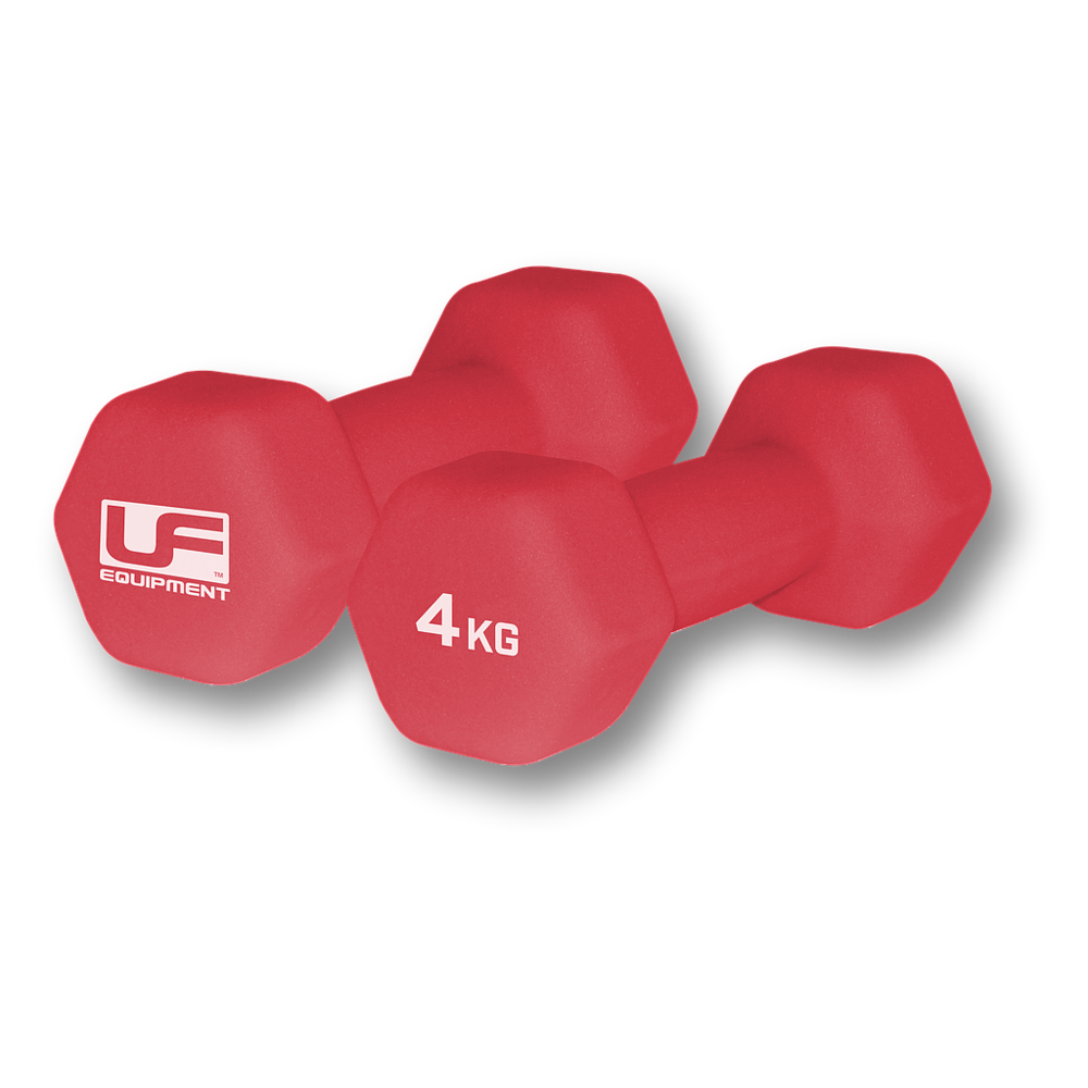 A pair of Urban Fitness Hex Dumbbells - Neoprene Covered, 4 KG each, with the Urban Fitness brand marking, in red color and ideal for home workouts, displayed on a white background.