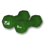 Two green Urban Fitness Hex Dumbbells - Neoprene Covered (Pair), each 8 KG, are placed side by side on a white background—ideal for adding resistance to your home workouts.