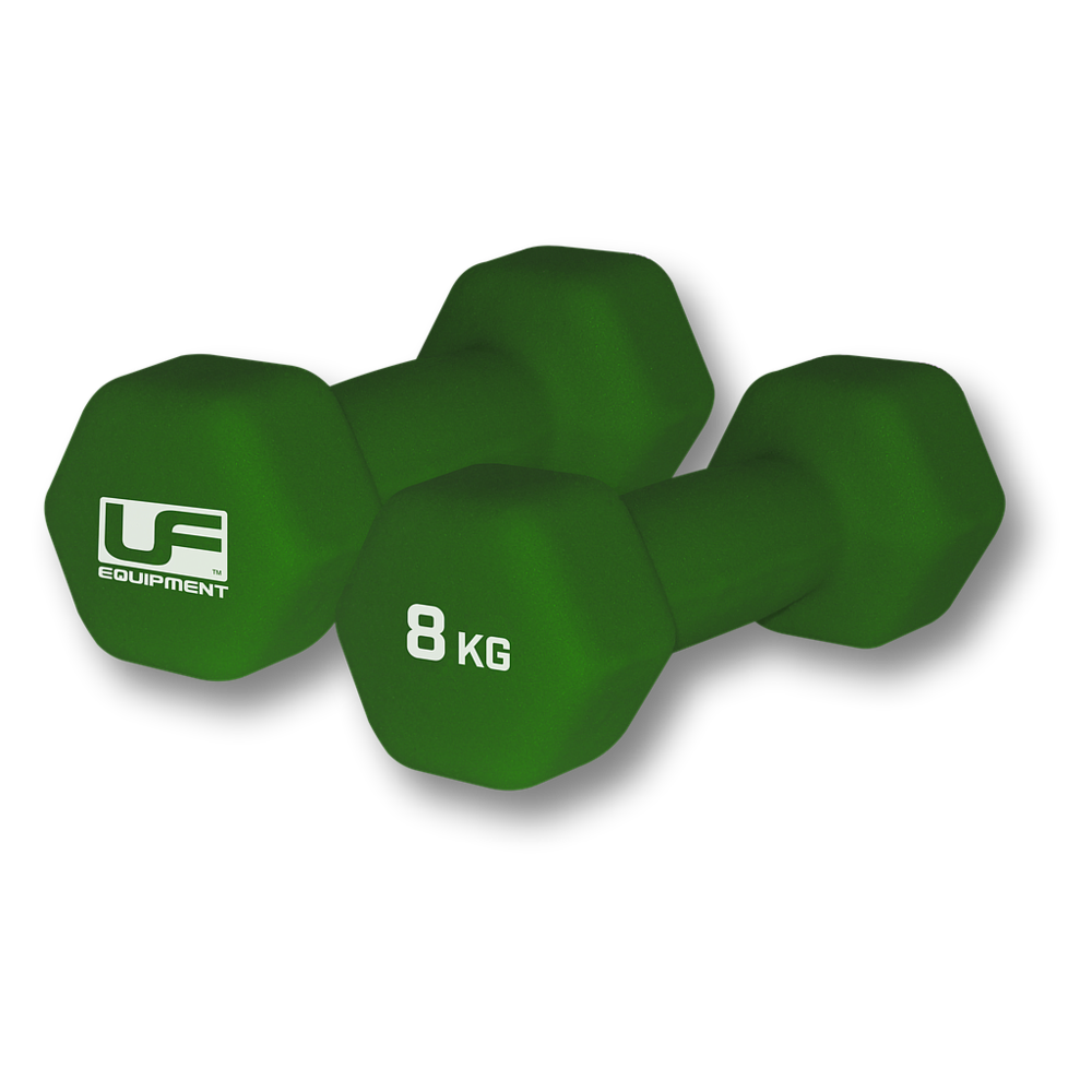 Two green Urban Fitness Hex Dumbbells - Neoprene Covered (Pair), each 8 KG, are placed side by side on a white background—ideal for adding resistance to your home workouts.