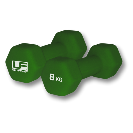 Two green Urban Fitness Hex Dumbbells - Neoprene Covered (Pair), each 8 KG, are placed side by side on a white background—ideal for adding resistance to your home workouts.