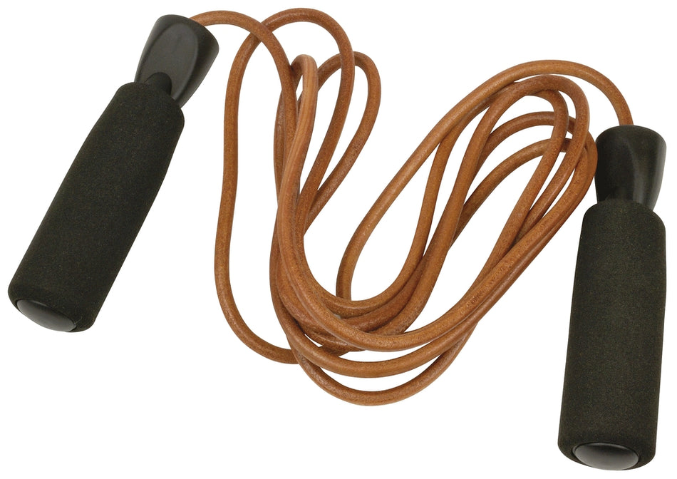 The Urban Fitness Leather Jump Rope by Urban Fitness, featuring black foam grip handles, is coiled loosely on a white background.
