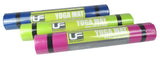 A rolled blue Urban Fitness 4mm Yoga Mat, labeled with the Urban Fitness brand and secured with a black shoulder strap for easy carrying, is shown on a white background. This mat provides excellent grip for all yoga poses.