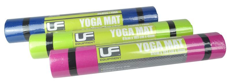 A rolled blue Urban Fitness 4mm Yoga Mat, labeled with the Urban Fitness brand and secured with a black shoulder strap for easy carrying, is shown on a white background. This mat provides excellent grip for all yoga poses.