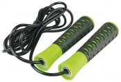 The Urban Fitness High Grip Speed Rope by Urban Fitness features green and black high-grip handles and a black cable, shown coiled on a white background.