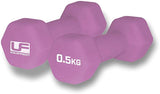 A pair of Urban Fitness Hex Dumbbells - Neoprene Covered, each 0.5 KG and purple with the Urban Fitness logo in white, are side by side—perfect for home workouts and fitness routines.
