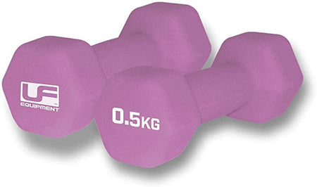 A pair of Urban Fitness Hex Dumbbells - Neoprene Covered, each 0.5 KG and purple with the Urban Fitness logo in white, are side by side—perfect for home workouts and fitness routines.
