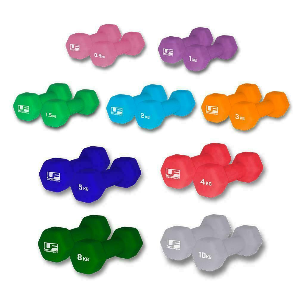 A set of eight pairs of Urban Fitness Hex Dumbbells - Neoprene Covered (Pair), each in vibrant colors and labeled from 0.5 kg to 10 kg—ideal for versatile home workouts by Urban Fitness.