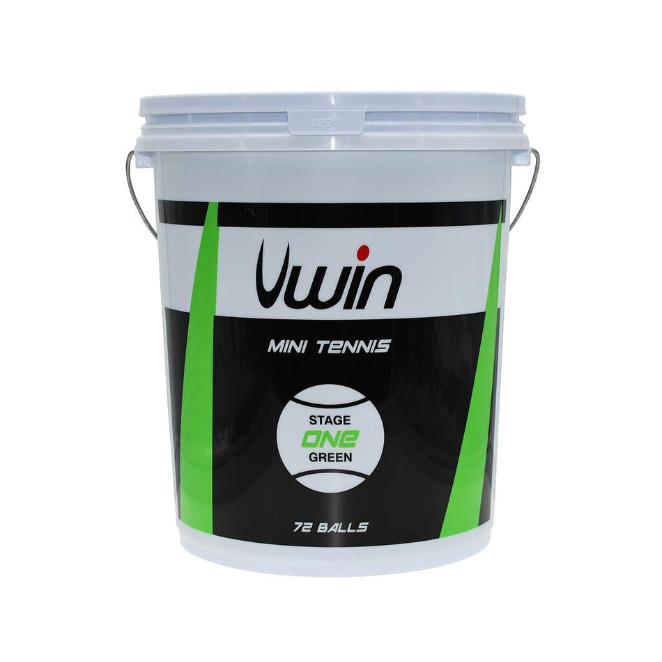 A white plastic bucket from Uwin, labeled "Stage 1 Green Tennis Balls," features a handle and contains 72 pressureless green tennis balls.