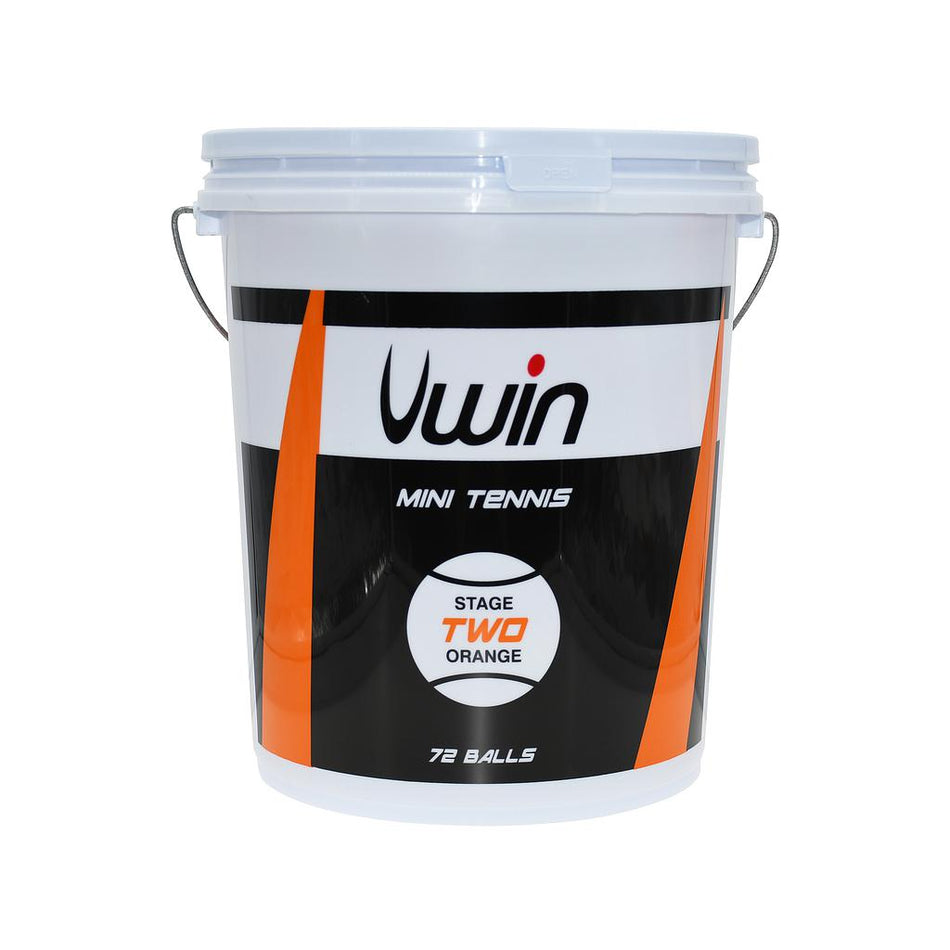 The Uwin Stage 2 Orange Tennis Balls - Bucket of 72 balls is ideal for beginners. This white bucket with handle stores pressureless orange balls, perfect for practice. Brand: Uwin.