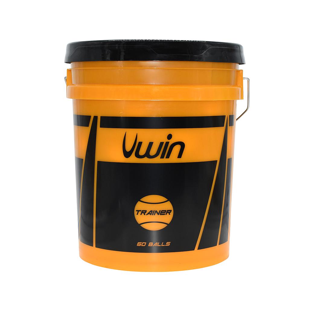 The Uwin Trainer Tennis Balls bucket contains 60 balls and features an orange and black plastic design with a black lid and metal handle—ideal for training sessions or school use.