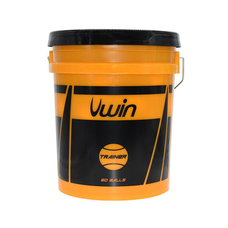The Uwin Trainer Tennis Balls bucket contains 60 balls and features an orange and black plastic design with a black lid and metal handle—ideal for training sessions or school use.