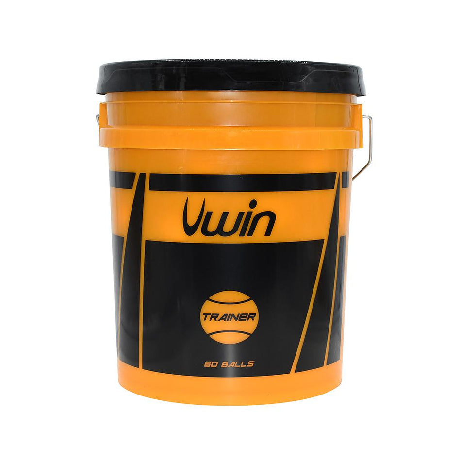 The Uwin Trainer Tennis Balls bucket contains 60 balls and features an orange and black plastic design with a black lid and metal handle—ideal for training sessions or school use.