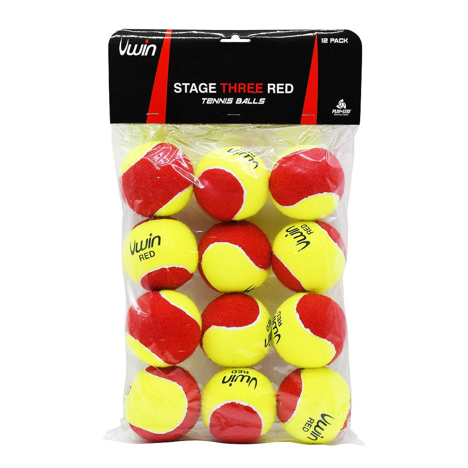 The Uwin Stage Three Red Tennis Balls - Pack of 12 feature yellow and red balls in a clear plastic bag with a black label, making them ideal for beginners or training.